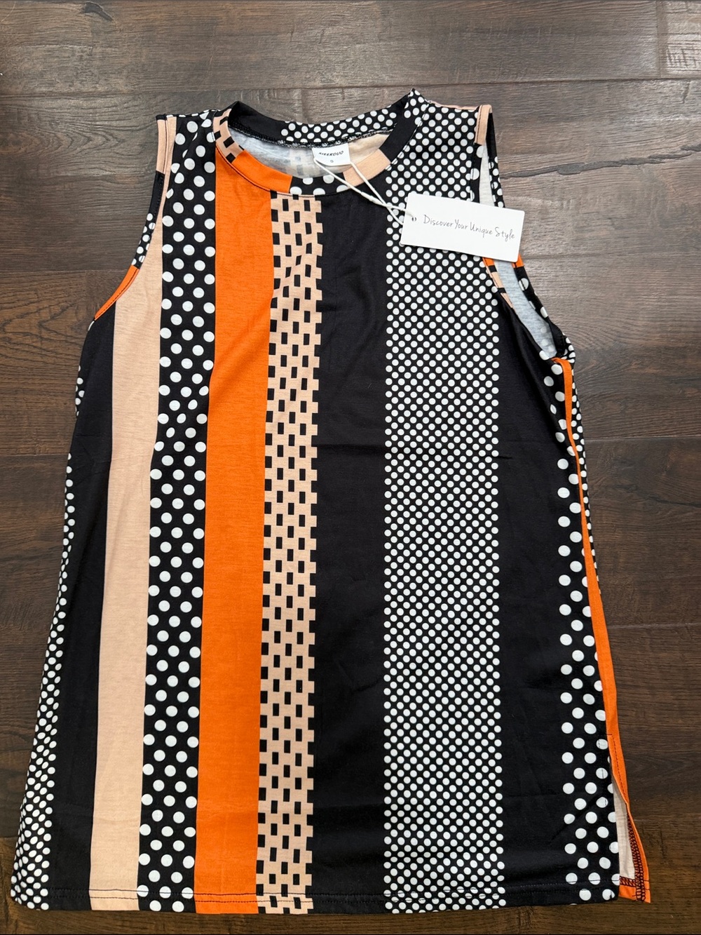 Amazon Orange, Black & Cream Striped Polka Dot Tank Top